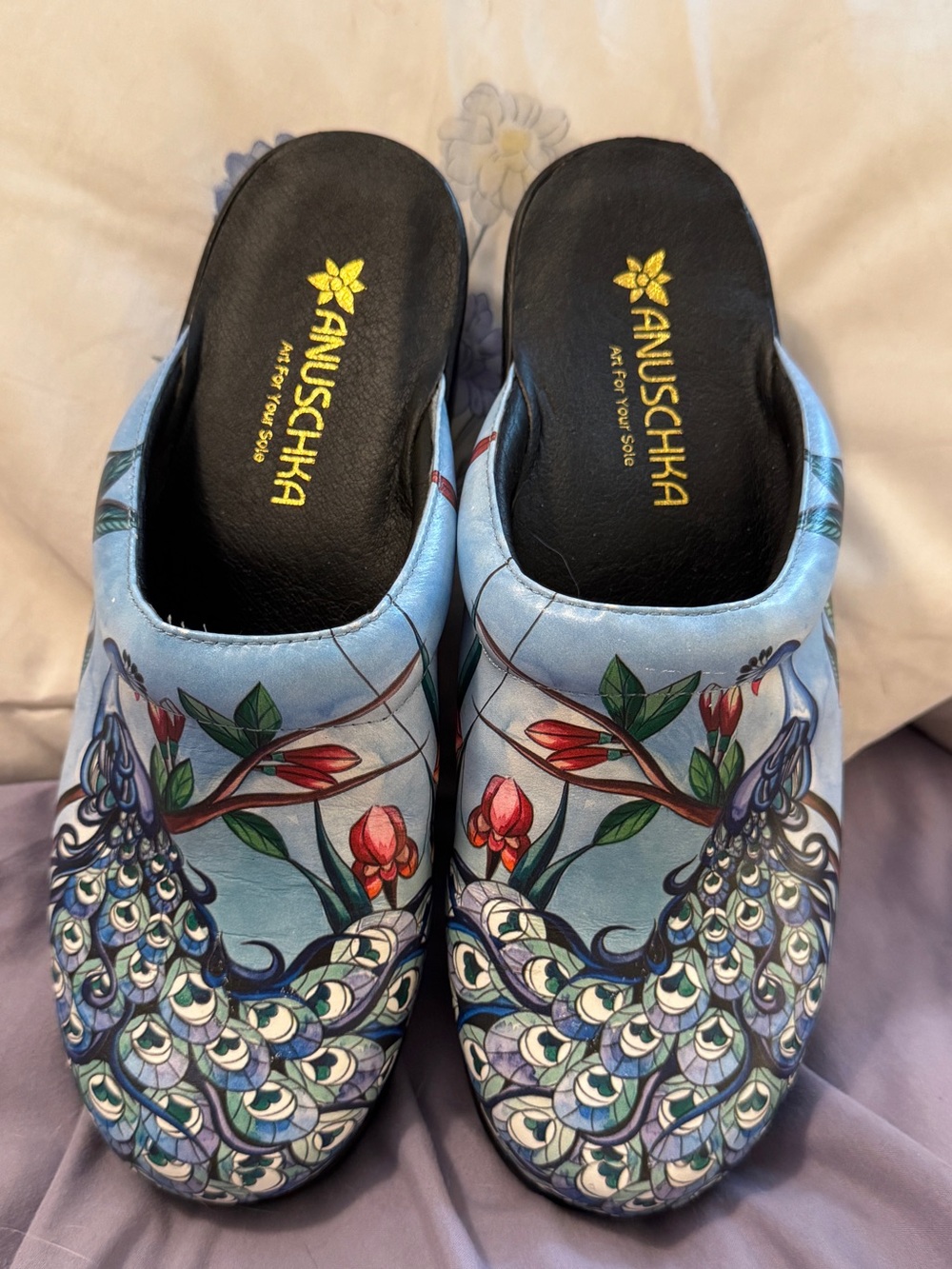 Anuschka Blue Peacock colorful Leather Clogs - Picture 3 of 4